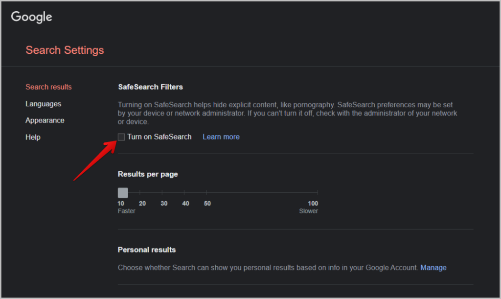 Enable the “SafeSearch” option in the Google account